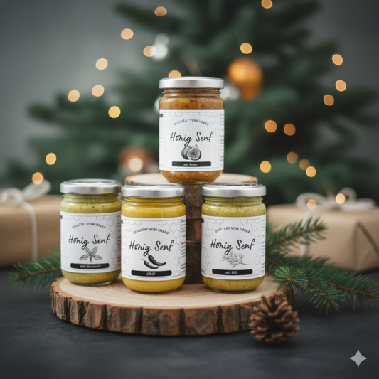 Honig-Senf-Set: Kulinarisches Geschenk für Feinschmecker – 4x 160 Gramm